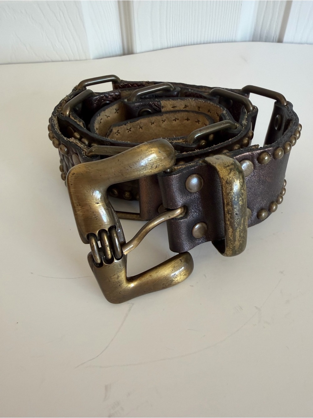 Dark Brown Studded Leather Belt with Antique Brass Buckle. Multi segment
